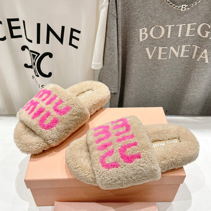 MIUMIU 26S SANDALS IN LIGHT BEIGE SHEARLING WITH LOGO LETTERING