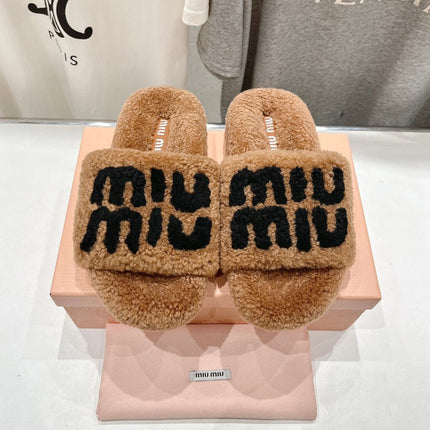 MIUMIU 26S SANDALS IN LIGHT BROWN SHEARLING WITH LOGO LETTERING