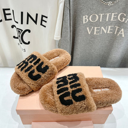 MIUMIU 26S SANDALS IN LIGHT BROWN SHEARLING WITH LOGO LETTERING