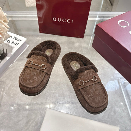 GUCCI 26S MULES IN DARK BROWN SUEDE GG LOGO PATTERN