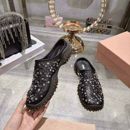 MIUMIU 26S CRYSTAL-EMBROIDERED MULES IN BLACK CALFSKIN