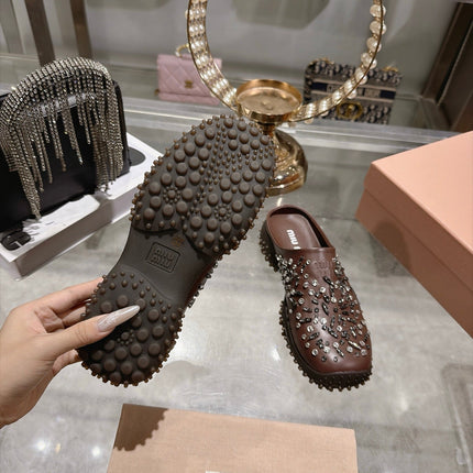 MIUMIU 26S CRYSTAL-EMBROIDERED MULES IN DARK BROWN CALFSKIN