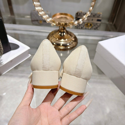 DIOR 26S BLOCK HEEL PUMPS 35MM IN IVORY WHITE MESH FABRIC WITH FRONT BOW