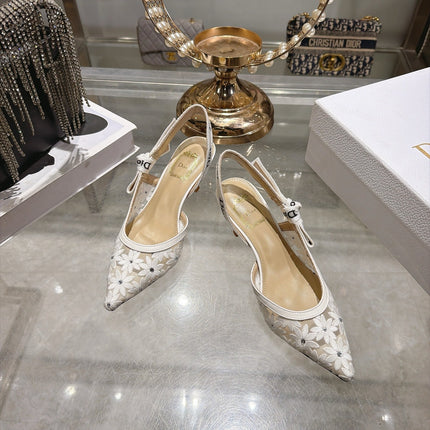 DIOR 26S POINTED TOE SLINGBACK PUMPS 40MM IN WHITE MESH EMBROIDERED FLORAL