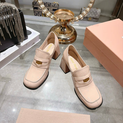 MIUMIU 26S HEEL LOAFERS 75MM IN NUDE PINK PATENT CALFSKIN GOLD HARDWARE