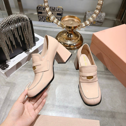 MIUMIU 26S HEEL LOAFERS 75MM IN NUDE PINK PATENT CALFSKIN GOLD HARDWARE