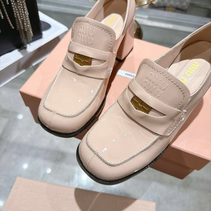 MIUMIU 26S HEEL LOAFERS 75MM IN NUDE PINK PATENT CALFSKIN GOLD HARDWARE