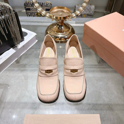 MIUMIU 26S HEEL LOAFERS 75MM IN NUDE PINK PATENT CALFSKIN GOLD HARDWARE