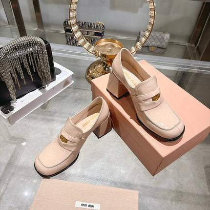 MIUMIU 26S HEEL LOAFERS 75MM IN NUDE PINK PATENT CALFSKIN GOLD HARDWARE