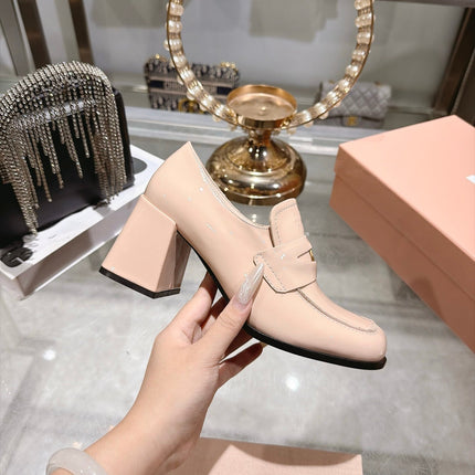 MIUMIU 26S HEEL LOAFERS 75MM IN NUDE PINK PATENT CALFSKIN GOLD HARDWARE