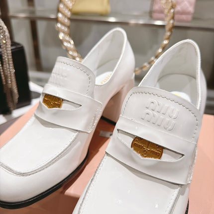 MIUMIU 26S HEEL LOAFERS 75MM IN WHITE PATENT CALFSKIN GOLD HARDWARE