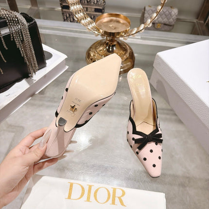 DIOR 26S POINTED TOE HIGH HEEL MULES IN LIGHT PINK AND BLACK FABRIC POLKA DOT
