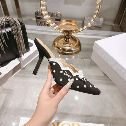 DIOR 26S POINTED TOE HIGH HEEL MULES IN BLACK AND WHITE FABRIC POLKA DOT
