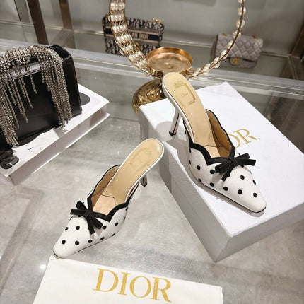 DIOR 26S POINTED TOE HIGH HEEL MULES IN WHITE AND BLACK FABRIC POLKA DOT