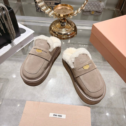 MIUMIU 26S FUR LINED PLATFORM LOAFER MULES IN LIGHT BROWN SUEDE GOLD HARDWARE