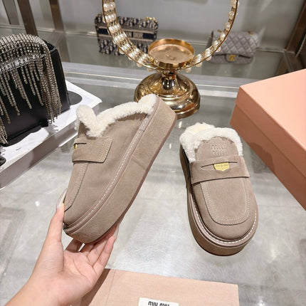 MIUMIU 26S FUR LINED PLATFORM LOAFER MULES IN LIGHT BROWN SUEDE GOLD HARDWARE