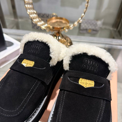MIUMIU 26S FUR LINED PLATFORM LOAFER MULES IN BLACK SUEDE GOLD HARDWARE