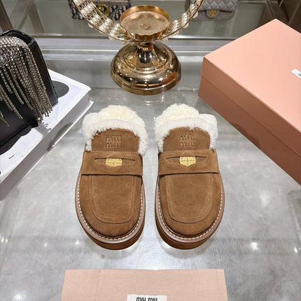 MIUMIU 26S FUR LINED PLATFORM LOAFER MULES IN CARAMEL BROWN SUEDE GOLD HARDWARE
