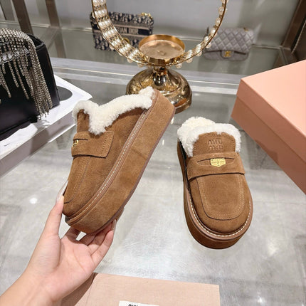 MIUMIU 26S FUR LINED PLATFORM LOAFER MULES IN CARAMEL BROWN SUEDE GOLD HARDWARE