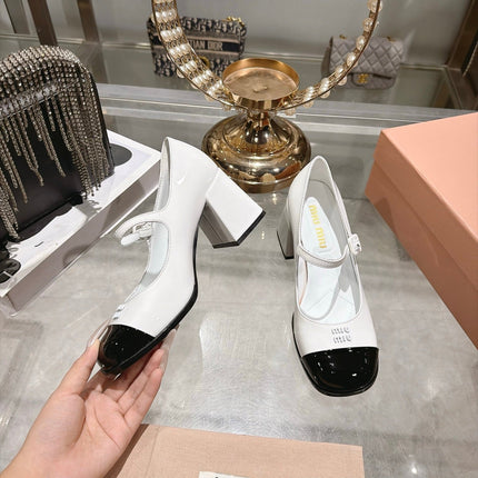 MIUMIU 26S MARY JANE BLOCK HEEL PUMPS 75MM IN WHITE AND BLACK PATENT CALFSKIN CAP TOE