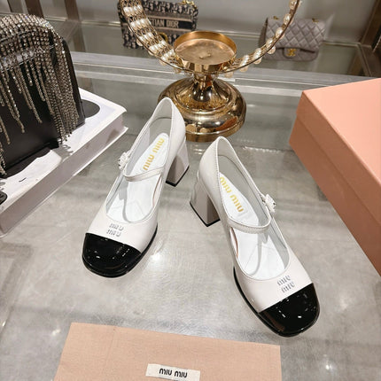 MIUMIU 26S MARY JANE BLOCK HEEL PUMPS 75MM IN WHITE AND BLACK PATENT CALFSKIN CAP TOE