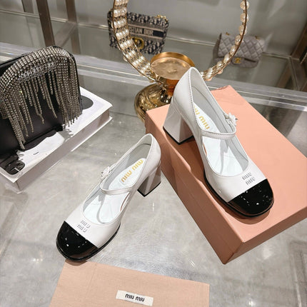 MIUMIU 26S MARY JANE BLOCK HEEL PUMPS 75MM IN WHITE AND BLACK PATENT CALFSKIN CAP TOE