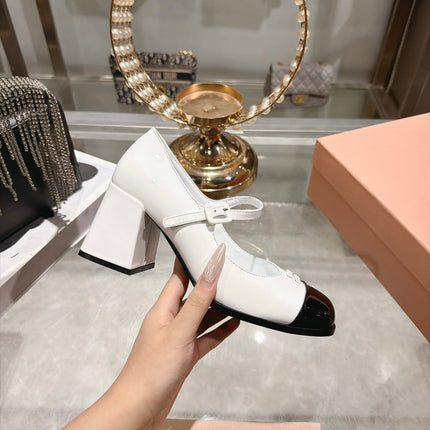 MIUMIU 26S MARY JANE BLOCK HEEL PUMPS 75MM IN WHITE AND BLACK PATENT CALFSKIN CAP TOE
