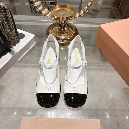 MIUMIU 26S MARY JANE BLOCK HEEL PUMPS 75MM IN WHITE AND BLACK PATENT CALFSKIN CAP TOE