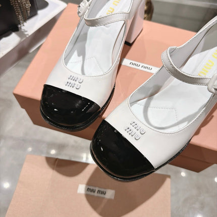 MIUMIU 26S MARY JANE BLOCK HEEL PUMPS 75MM IN WHITE AND BLACK PATENT CALFSKIN CAP TOE