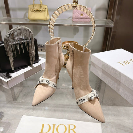 DIOR 26S STILETTO HEEL BOOTS 80MM IN NUDE BEIGE SUEDE WITH FRONT BOW