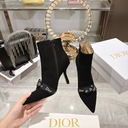 DIOR 26S STILETTO HEEL BOOTS 80MM IN BLACK SUEDE WITH FRONT BOW