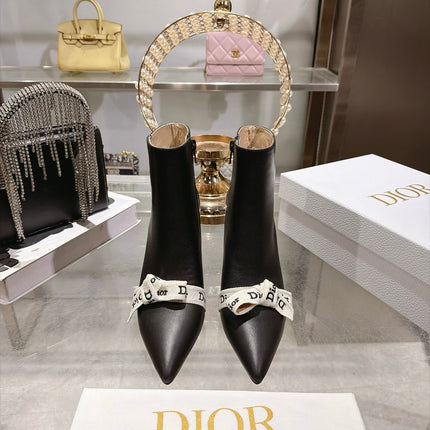 DIOR 26S STILETTO HEEL BOOTS 80MM IN BLACK CALFSKIN WITH FRONT BOW