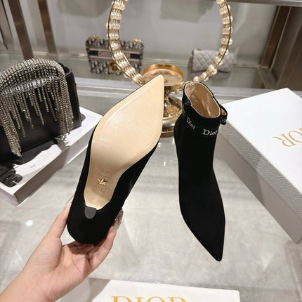 DIOR 26S STILETTO HEEL BOOTS 80MM IN BLACK SUEDE WITH ANKLE BOW