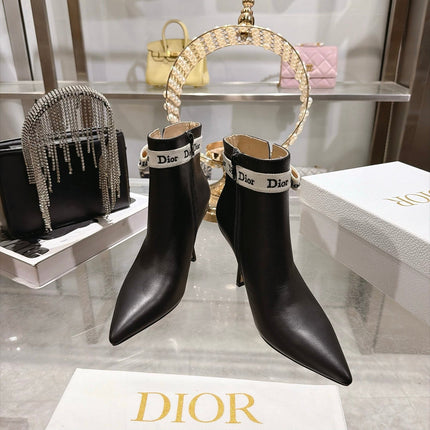 DIOR 26S STILETTO HEEL BOOTS 80MM IN BLACK CALFSKIN WITH ANKLE BOW