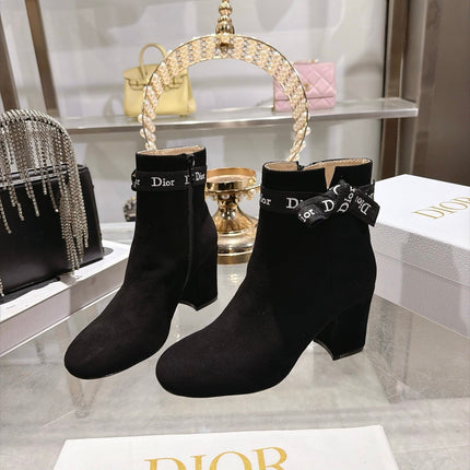 DIOR 26S BLOCK HEEL ANKLE BOOTS 80MM IN BLACK SUEDE WITH ANKLE BOW