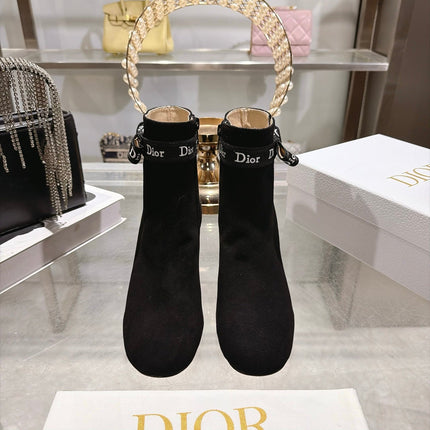 DIOR 26S BLOCK HEEL ANKLE BOOTS 80MM IN BLACK SUEDE WITH ANKLE BOW