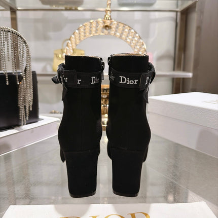 DIOR 26S BLOCK HEEL ANKLE BOOTS 80MM IN BLACK SUEDE WITH ANKLE BOW