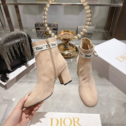 DIOR 26S BLOCK HEEL ANKLE BOOTS 80MM IN NUDE BEIGE SUEDE WITH ANKLE BOW