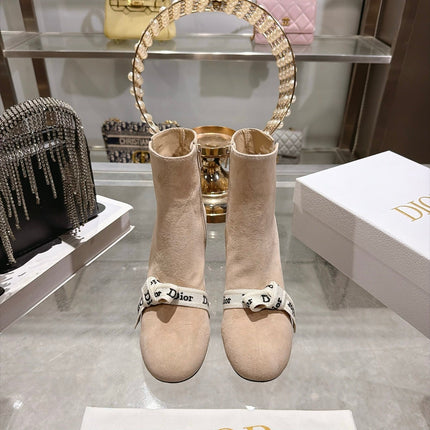 DIOR 26S BLOCK HEEL ANKLE BOOTS 80MM IN NUDE BEIGE SUEDE WITH FRONT BOW