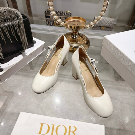DIOR 26S BLOCK HEEL PUMPS 85MM IN IVORY WHITE CALFSKIN WITH BOW