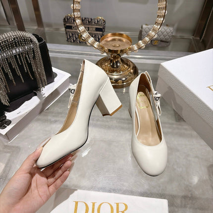 DIOR 26S BLOCK HEEL PUMPS 85MM IN IVORY WHITE CALFSKIN WITH BOW