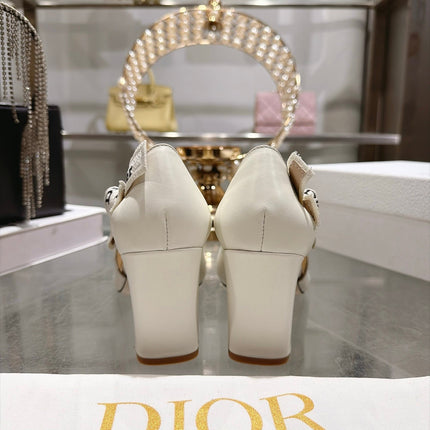 DIOR 26S BLOCK HEEL PUMPS 85MM IN IVORY WHITE CALFSKIN WITH BOW