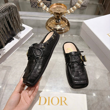 DIOR 26S SQUARE TOE BUCKLE MULE LOAFERS 30MM IN BLACK CROC EMBOSSED CALFSKIN