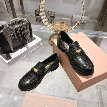 MIUMIU 26S BLOCK HEEL LOAFERS 25MM IN BLACK CROCODILE EMBOSSED CALFSKIN
