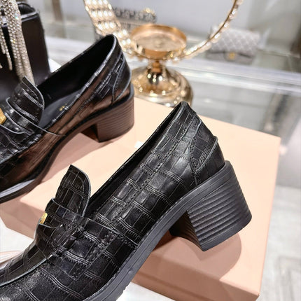 MIUMIU 26S BLOCK HEEL LOAFERS 55MM IN BLACK CROCODILE EMBOSSED CALFSKIN GOLD HARDWARE