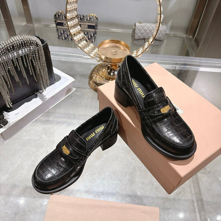 MIUMIU 26S BLOCK HEEL LOAFERS 55MM IN BLACK CROCODILE EMBOSSED CALFSKIN GOLD HARDWARE