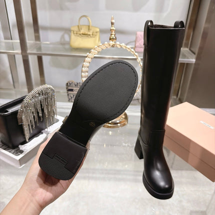 MIUMIU 26S KNEE HIGH BLOCK HEEL BOOTS 50MM IN BLACK CALFSKIN