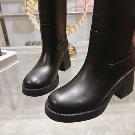 MIUMIU 26S KNEE HIGH BLOCK HEEL BOOTS 50MM IN BLACK CALFSKIN