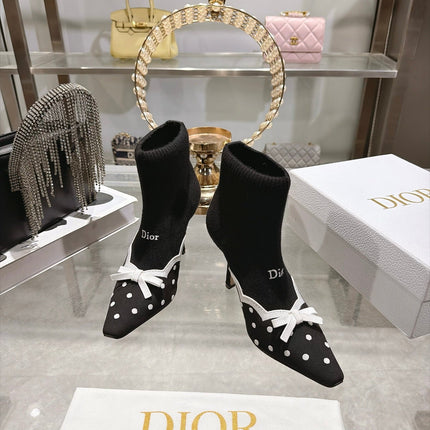 DIOR 26S POINTED TOE HIGH HEEL SOCK BOOTS 90MM IN BLACK AND WHITE KNIT FABRIC POLKA DOT