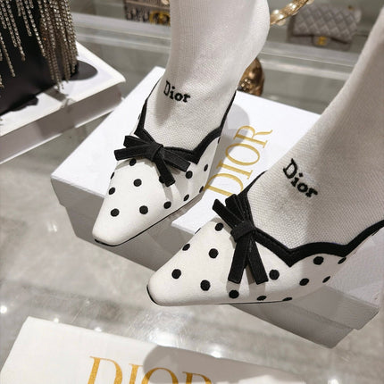DIOR 26S POINTED TOE HIGH HEEL SOCK BOOTS 90MM IN WHITE AND BLACK KNIT FABRIC POLKA DOT